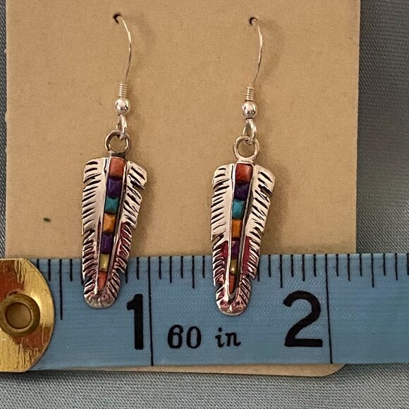 Feather earrings with multi gemstones inlaid. - Picture 4 of 6